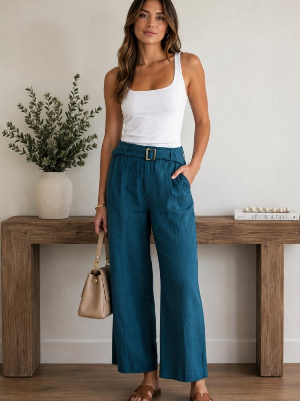 J.Jill Linen Stretch Belt Pants Women’s Small Teal Blue Wide Leg Cropped Coastal